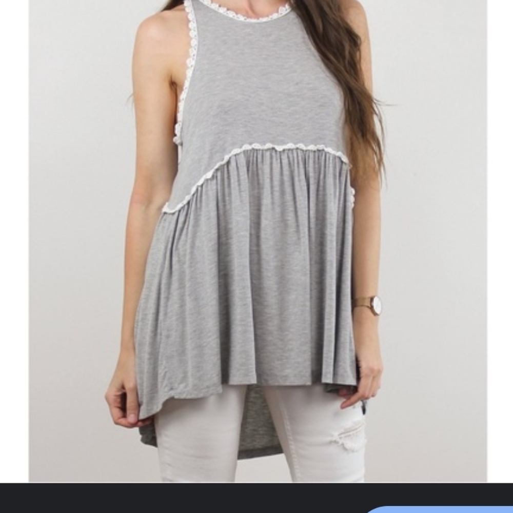 Anthropologie POL Women’s Small Zip Up Gray, White Lace Trim Tank  Top